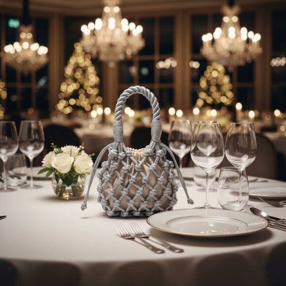 Silver Macramé Mini Bag with Drawstring Pouch Elegant Statement Accessory - Picture 2 of 10